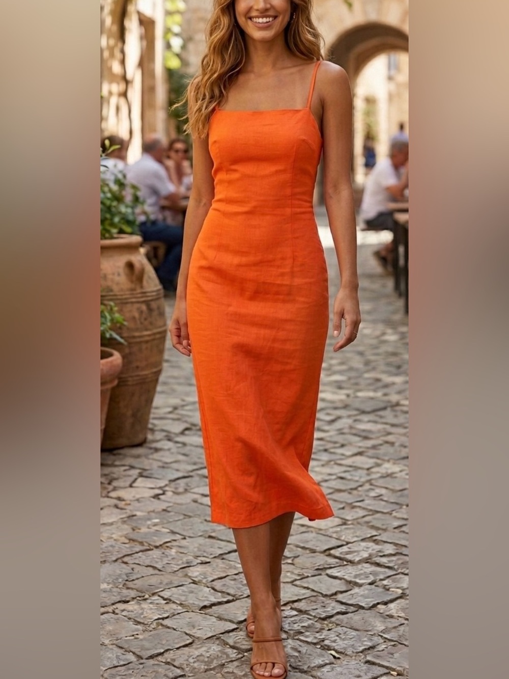 ASTR The Label Orange Open Back Linen Blend Midi Dress Size S